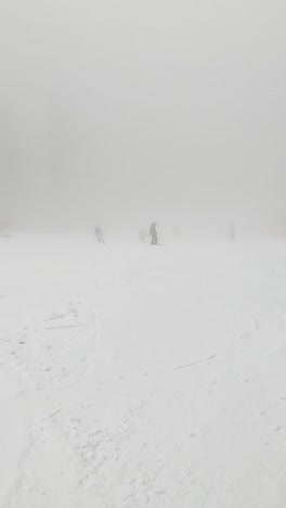 Vertikales-Video-Von-Skifahrern,-Die-Einen-Nebligen,-Schneebedeckten-Berg-Hinunterfahren